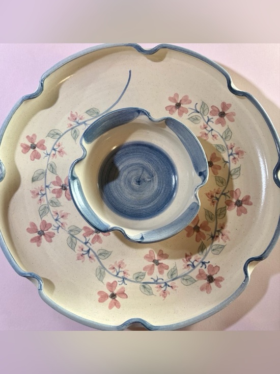 Hand Crafted Other - Vintage hand painted floral ceramic chips&dip serving tray